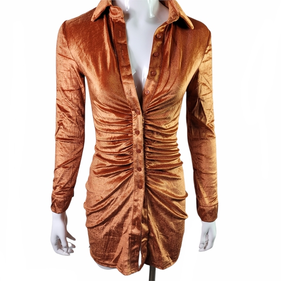 Ruched Long Sleeve Mini Shirt Dress - Picture 5 of 15